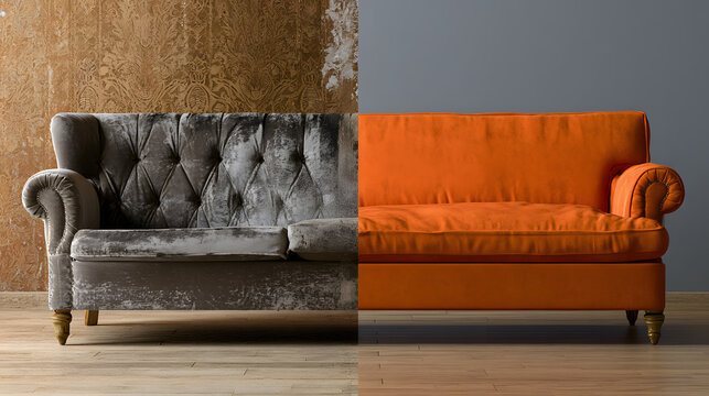 a split-screen view of the old, frayed velvet sofa alongside the fresh, lively orange sofa against a grey wall with textured wallpaper, highlighting the difference in condition and design