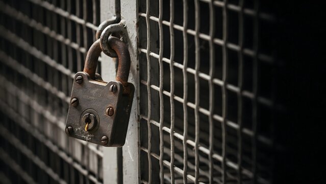 Close-up of metal grid door with padlock securing an enclosure