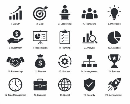 Set of black business and marketing icons for web design and projects