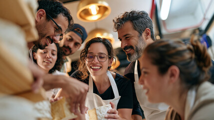 Fototapeta premium Artisan cheesemaker team in a warm cave-aged cellar reviews new batch yield together, diverse staff in white aprons gathered around a wooden aging shelf under amber pendant lights examining rinds wi