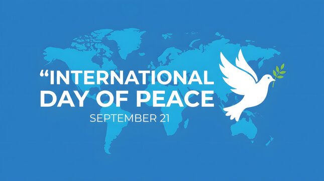 Blue map with white dove and "international day of peace" text globe