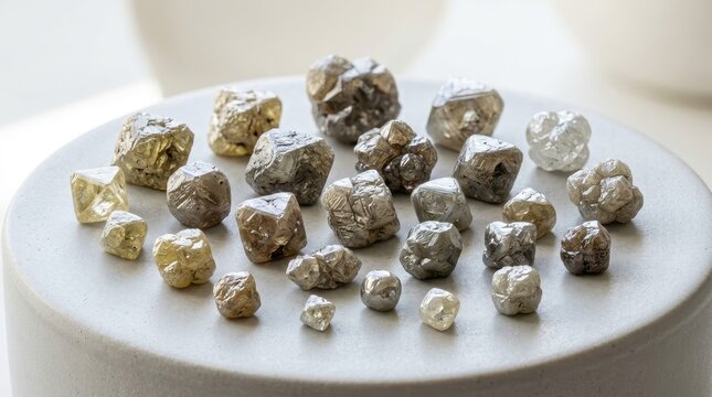 Collection of Rough Unpolished Diamonds Showcasing Natural Faceted Gems in Various Sizes and Textures