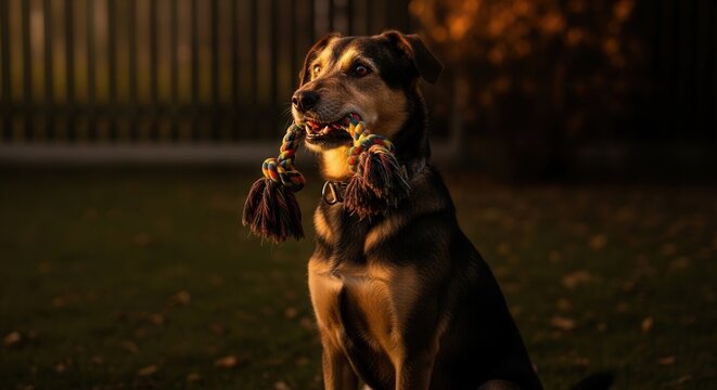 Golden Hour Portrait Of A Loyal Dog With A Favorite Chew Toy