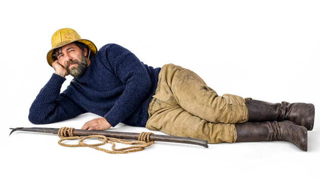 Man in a navy sweater, oilskin trousers, and sou'wester hat reclining with a harpoon and rope, isolated on white background.