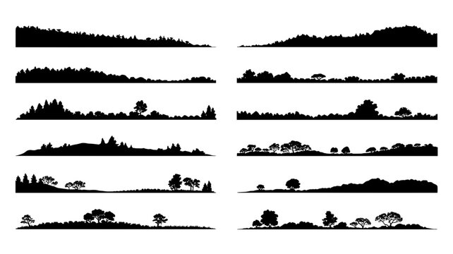 Tree line and hill landscape silhouette horizontal borders vector set