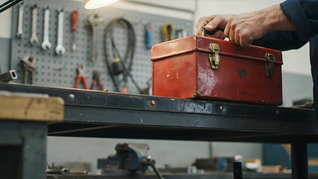 Hand placing vintage toolbox on workbench in workshop with tools and pegboard