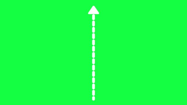 White dotted arrow pointing up moving against green screen chroma key background 2D graphic animation