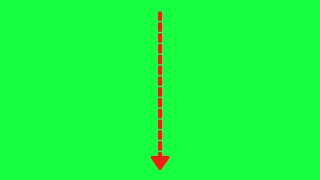 Animated bright red dashed arrow pointing downward on a chroma key green screen background for video editing