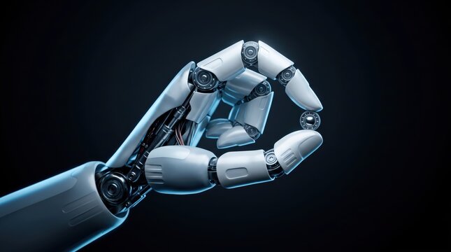 Futuristic robotic hand holding microchip, artificial intelligence, advanced automation technology, cyborg prosthetic limb, machine learning hardware, precision engineering