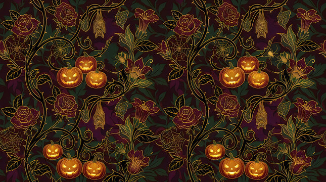 Gothic Halloween seamless pattern, spooky jack o lanterns and bats in floral vines, dark vintage damask wallpaper with roses Halloween