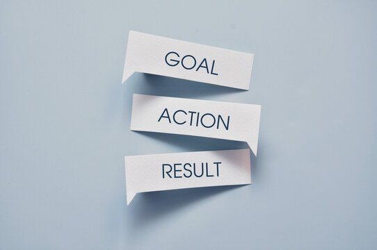 Goal action and result speech bubbles. Business achievement and success process