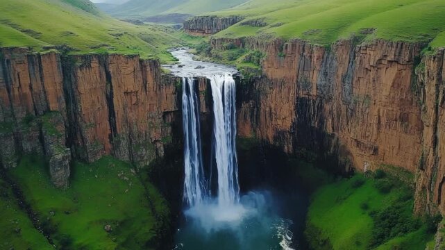 Majestic waterfall cascades down rugged canyon walls. Lush green grass blankets steep cliffs and valley floor. Water crashes into churning pool below, creating mist