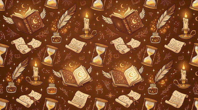 Vintage magic pattern with mystical books and candles. Dark academia aesthetic wallpaper. Seamless occult alchemy background. Halloween