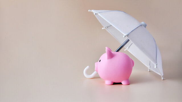 Piggy bank protected by umbrella. Financial security and savings concept