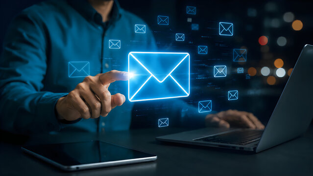 Man's hand touching glowing email icon with digital communication concept against blurred background