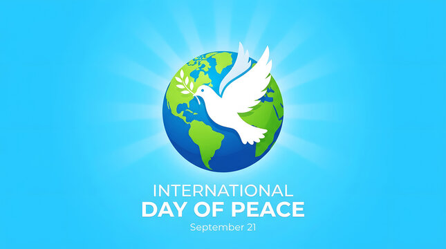 Globe cradled in hands with international day of peace text blue