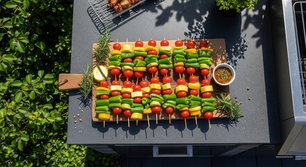 Naklejka premium Fresh Vegetable Skewers Ready For Grilling On A Sunny Day