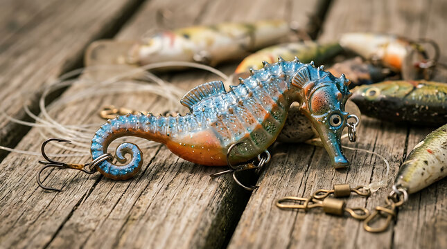 Fishing Lures Shaped Like Seahorses on Wooden Surface.
