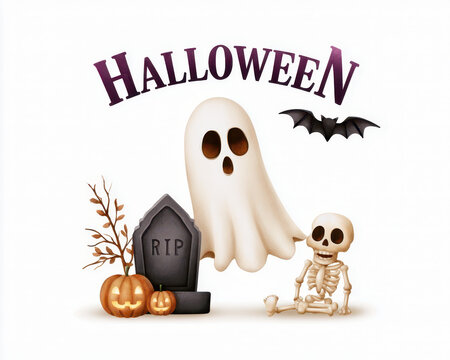 Halloween ghost skeleton pumpkin bat grave, hand drawn watercolor spooky craft texture with jack o lantern on white background