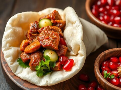 Tenderly wrapped gua bao filled with savory braised meat, crisp cucumber, and sweet pomegranate seeds, delicious, snack
