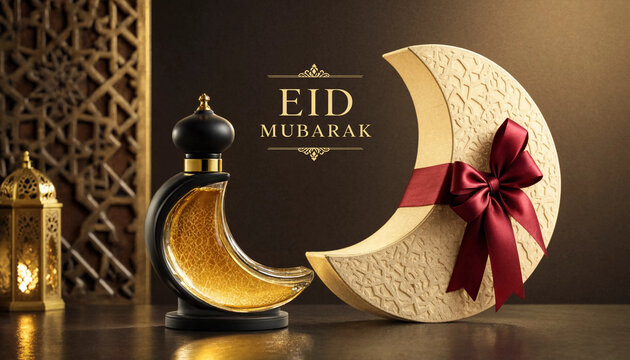 Eid mubarak gift box and perfume bottle with crescent moon shape on a festive table