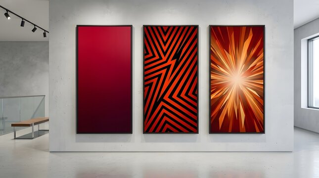 Modern triptych abstract art panels with bold red geometric and radiant textures in minimalist interior