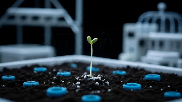 A single green sprout growing in dark soil with miniature structures.