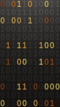 Seamless 3D loop with glowing yellow and orange binary numbers scrolling across a dark grid, futuristic data interface for AI, networks and cyber visuals.