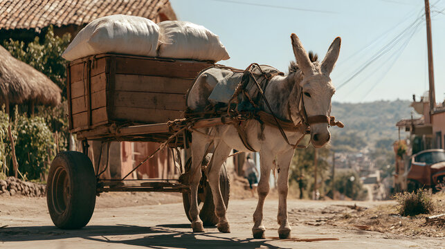 a donkey pulling a cart loaded with grain across a sunny Mexican village, shot with cinematic natural light, capturing rural and traditional ambiance in high-resolution imagery
