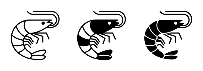 Obraz premium Three Shrimp Icons: Outline, Black and White, Solid Black Vector Graphics for Seafood and Marine Themes