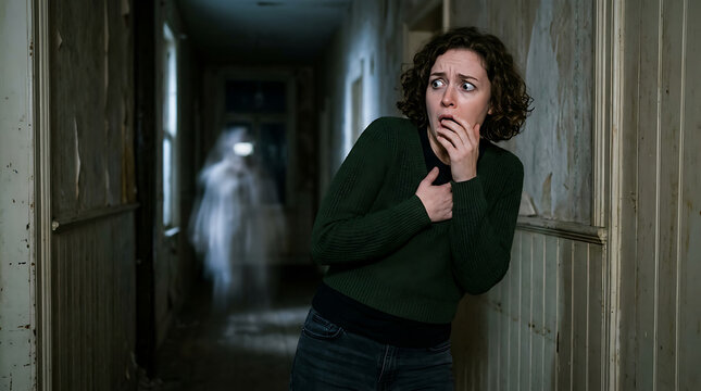 Terrified woman encounters a ghostly apparition in a dark abandoned hallway.