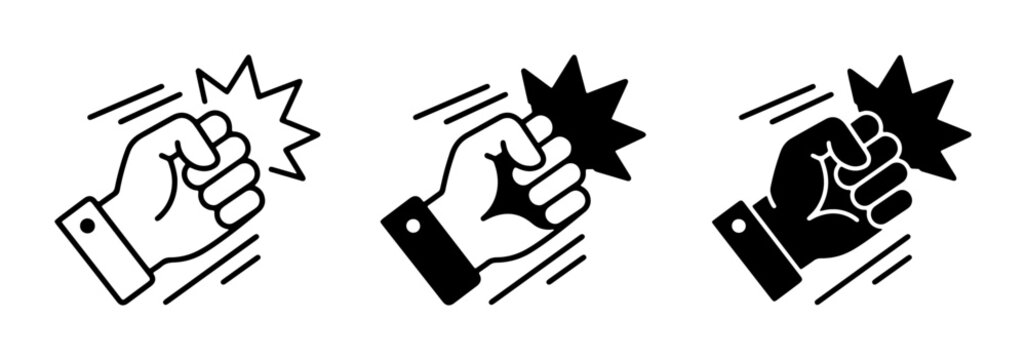 Fist Punch Icon Set, Knocking Hand Vector Graphics, Impact Symbol Collection, Aggression and Force Illustration