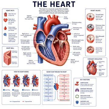 Human heart anatomy educational poster with labeled circulatory system sections, education