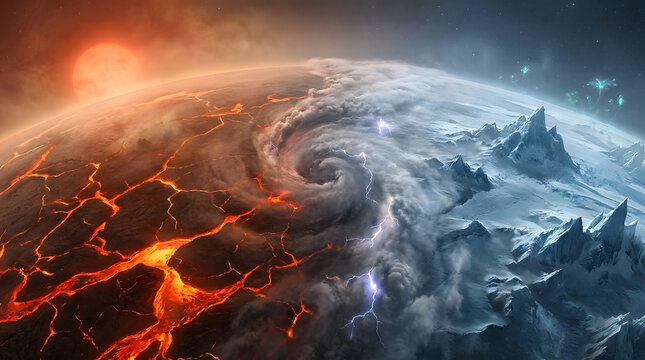 Abstract planet view divided into frozen ice and hot molten lava surfaces with sci