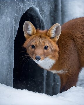A dhole  rat genetic hybrid experiment ai-generated, fictional species   in a winter wonderland