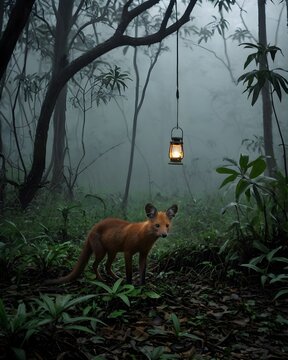A fog toned dhole  rat genetic hybrid experiment ai-generated, fictional species   in a lantern swamp
