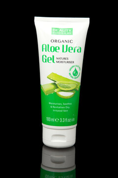 Photo Illustrative editorial Beauty Formula Aloe Vera Gel organic moisturizer 100ml milli-litres black background isolated product 