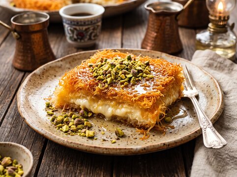 Kunafa Dessert with Pistachios and Syrup on Rustic Table