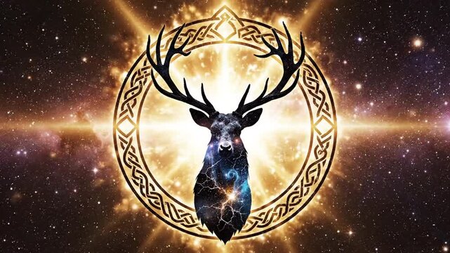 Majestic stag with Celtic knot against starry nebula background