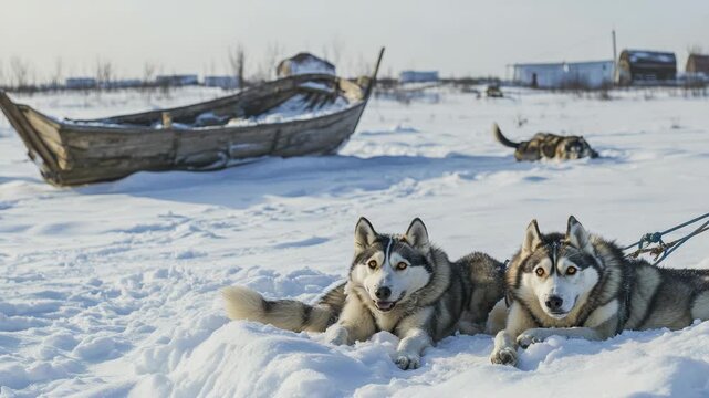 Two huskies rest in deep snow beside a weathered boat. Cold wind sweeps across a quiet, snowy landscape. Dog sleeps nearby, curled in the snow. Distant buildings dot the flat, white horizon
