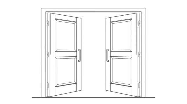 Outline drawing of double doors slightly open, showing an entryway or passage.