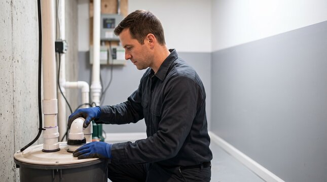 Plumber servicing sewage ejector system, basement utility maintenance, professional residential plumbing inspection for reliable wastewater drainage, property care