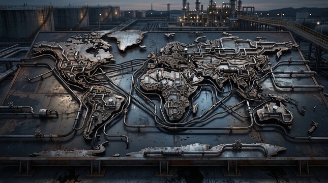 World map formed by industrial oil pipes and refinery infrastructure at a petrochemical plant.