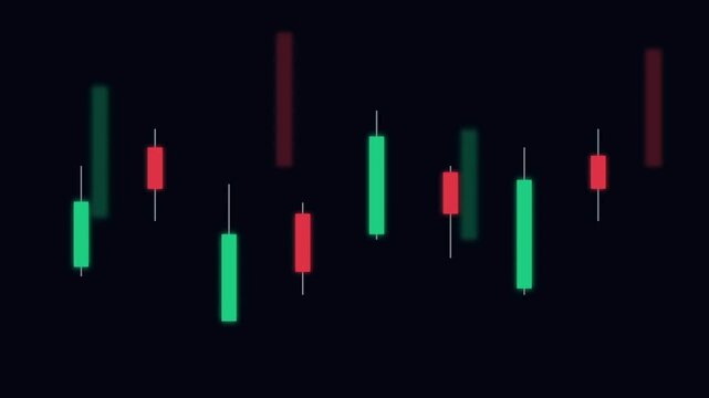 Digital candlestick chart pattern featuring green and red bars on a dark background illustrating financial market trends and investment analysis