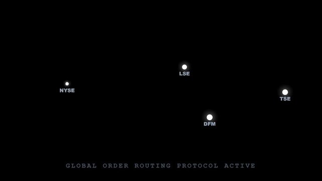 Global stock market data visualization abstract representation of financial trading and economic connections dark background with glowing points and text