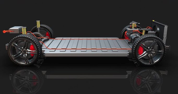 Concept electric car transition to start button battery and internal parts. Detailed 3D render of EV engine parts.