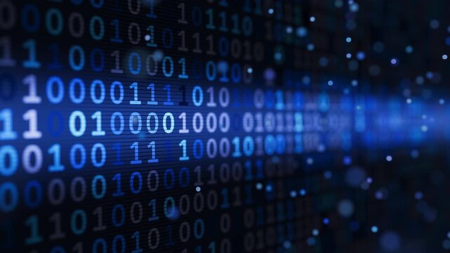 Looped 3D animation of blue binary code, glowing data particles and blurred digital streams for cybersecurity, AI, programming and technology backgrounds.