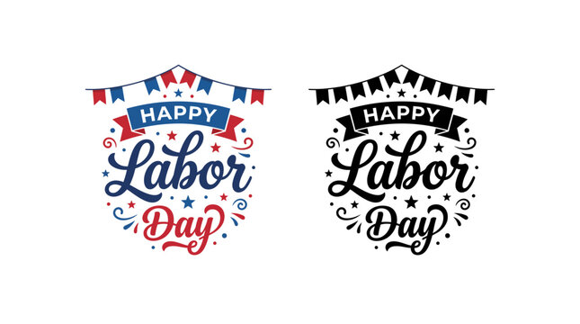 A festive happy labour day vector illustration featuring decorative text elements and bunting flags presented as an isolated on transparent background