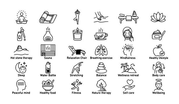 Spa Wellness and Mindfulness Outline Icons with Yoga Massage Meditation Relaxation and Self Care Vector Set