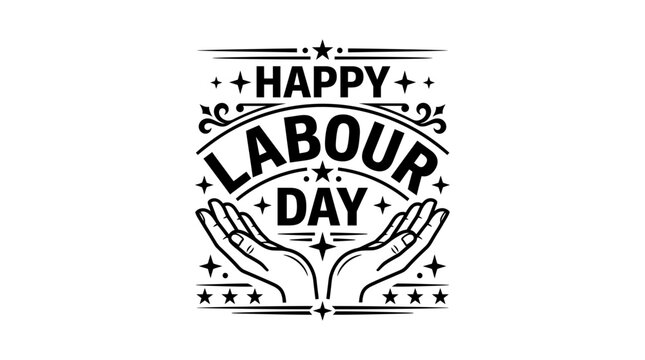 A black and white decorative typography design for a happy labour day vector illustration presented as an isolated on transparent background element